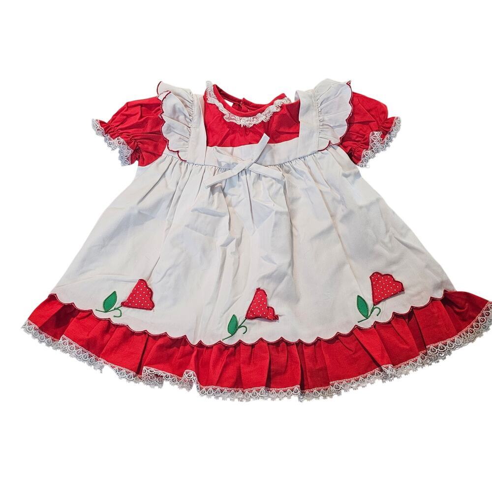 Vintage Nannett Girls Dress Sz 12 Mos Red Ruffles Bows Lace 80s Cottage Prairie